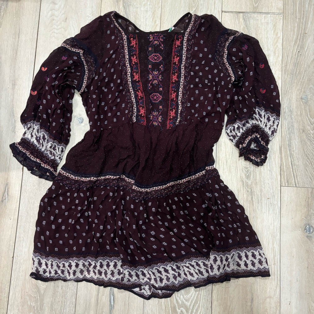Anthropologie Deep Burgundy and Cream Long Sleeve Dress